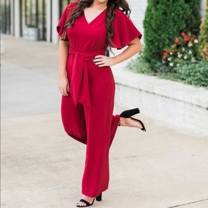 Wine Waist Tie Jumpsuit